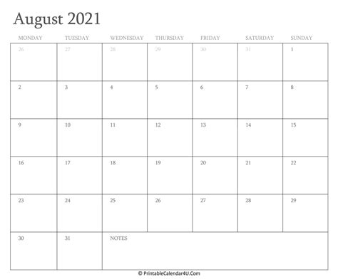 august  calendar printable  holidays