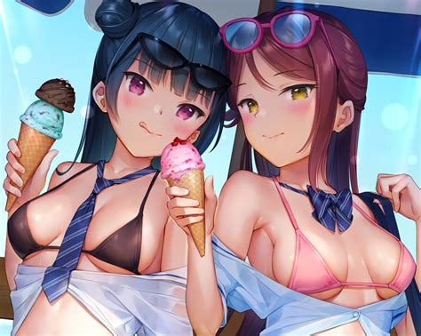 2girls Bikini Blue Hair Blush Bow Breasts Close Cropped