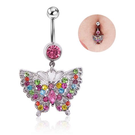 crystal rhinestone butterfly navel ring belly button bar body piercing