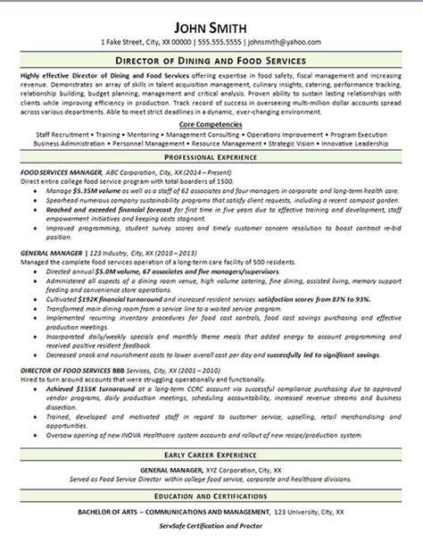 view food service resume  dining manager