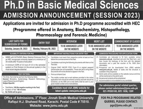 Jinnah Sindh Medical University Phd Admissions 2023 Rezult Pk Get