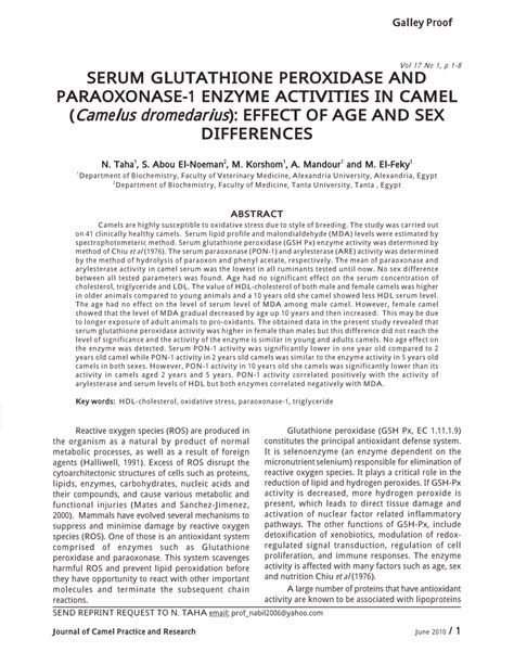 Serum Glutathione Peroxidase And Paraoxonase 1 Enzyme Activities In