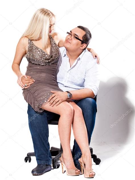 Sexy Blond Girl Sitting On Mans Knee And Hugging — Stock