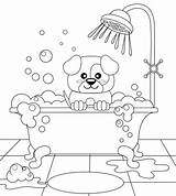 Dog Bath Coloring Grooming Taking Puppy Cute Vector Illustration Book Bathroom sketch template
