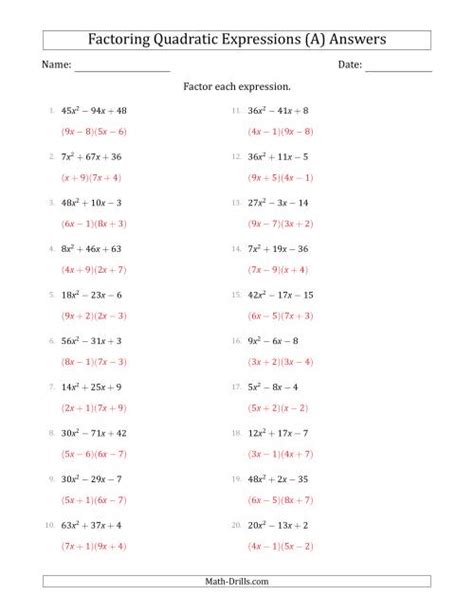 solving quadratics  factoring worksheet answer key