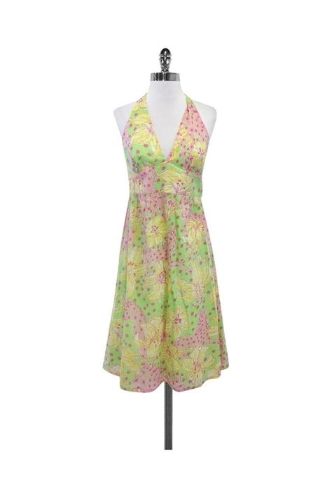 Lilly Pulitzer Green Yellow Pink Floral Print Halter Mid