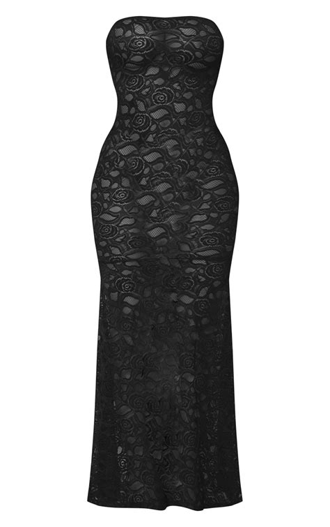 Black Sheer Lace Bandeau Maxi Dress Dresses Prettylittlething Ca