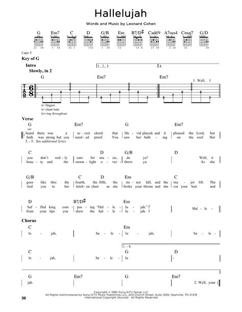 hallelujah sheet music leonard cohen guitar lead sheet