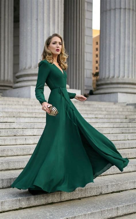 wear   black tie wedding emerald green long sleeve floor length wrap dress black