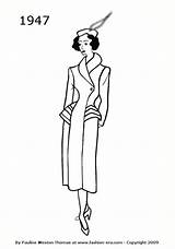 1940 1947 Fashion Silhouettes 1949 Drawings Coats 1940s History Coat Era Line Colouring Look Silhouette Costume Vintage Drawing Coloring Women sketch template