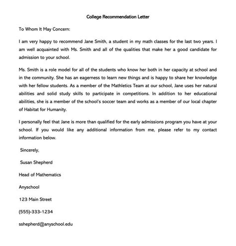 recommendation letter  student  teacher template word
