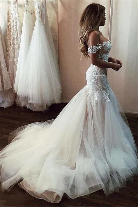off the shoulder mermaid wedding dress with lace long tulle bridal dress with train n1382