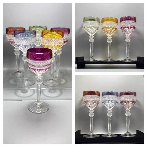 Antique Bohemia Six Cut And Colored Crystal Wine Glasses