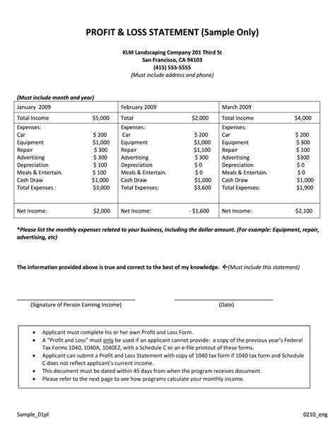 landscaping profit  loss statement template   fill