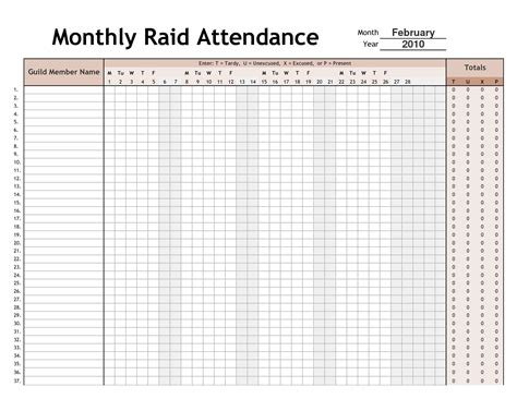 monthly calendar attendance sheet  create  template  integrate