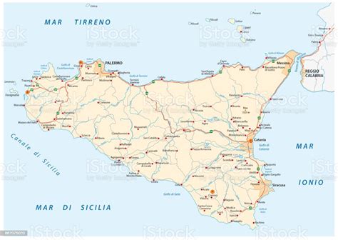 Detailed Road Map Of Island Sicily Italy Stock Illustration Download