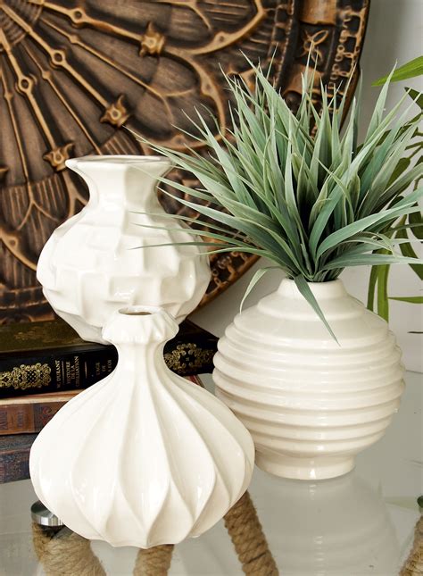 decmode small  white glossy ceramic textured patterned vases set      walmart