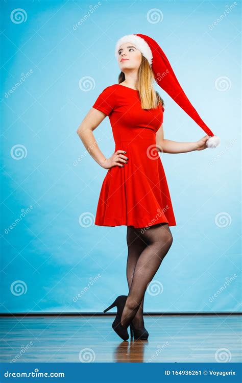 woman wearing santa claus helper costume dress stock image image