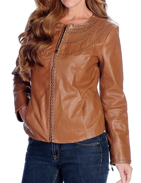 pamela mccoy genuine leather long sleeved stud detailed zip front jacket ebay