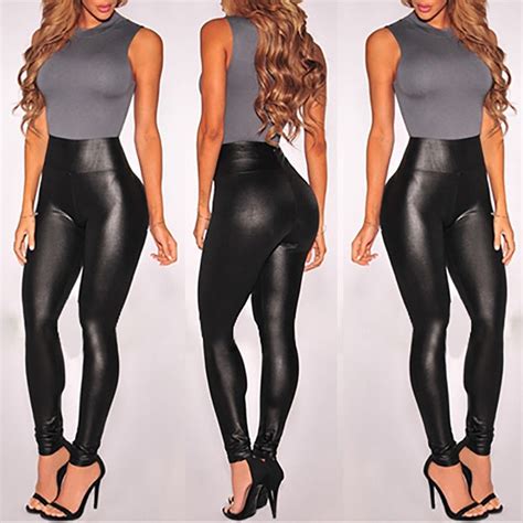 women sexy pu leather skinny stretch high waist trouser 2017 new lady