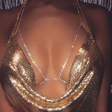 women sexy shiny crystal rhinestone bra chest body chain bikini jewelry