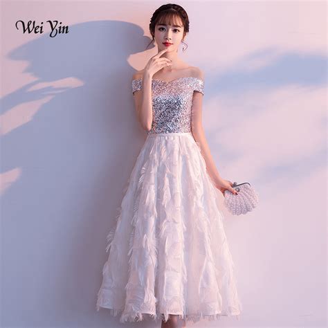weiyin short evening dresses white sequins wedding party dress off the
