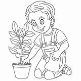 Planting Tree Coloring Boy Cartoon sketch template