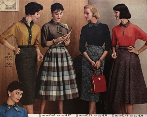 1957 Tweed Pencil Skirts Plaid Vintage Fashion Style 50s Full Sweater