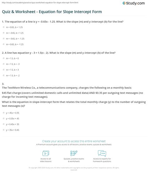 quiz worksheet equation  slope intercept form studycom
