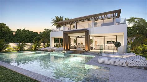 large pool  front   modern house