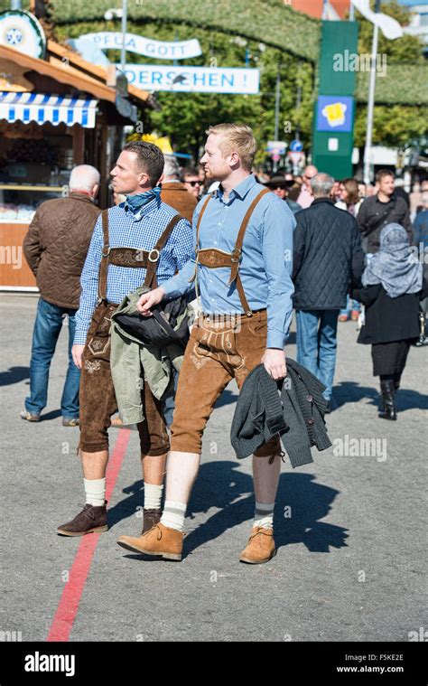 guys in lederhosen at oktoberfest in munich germany stock