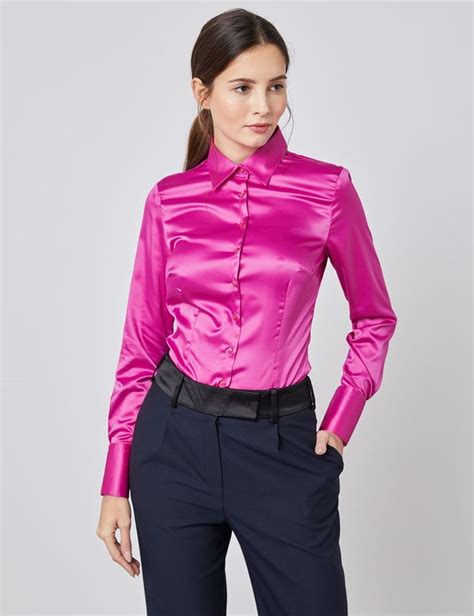 women s hot pink fitted satin shirt single cuff hawes and curtis
