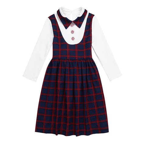 kids children students girls uniform long sleeves lapel plaid   false  piece dress