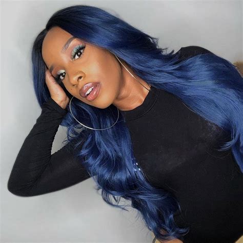 dark blue long human hair wig lace front midnight blue wavy wigs sulmy