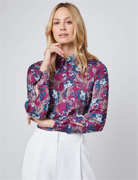women s boutique purple and white floral luxury matt satin blouse