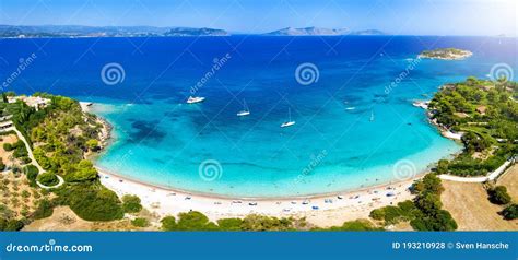 panoramic aerial view   beautiful beach  kounoupi porto cheli ggreece stock photo