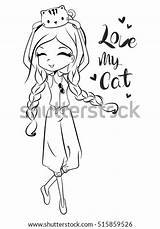Girl Cat Coloring Pigtails Shutterstock Pigtail Posing Outline Blonde Head Vector Beautiful Her Logo Illustration sketch template