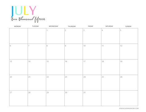printable calendar  printable calendar july