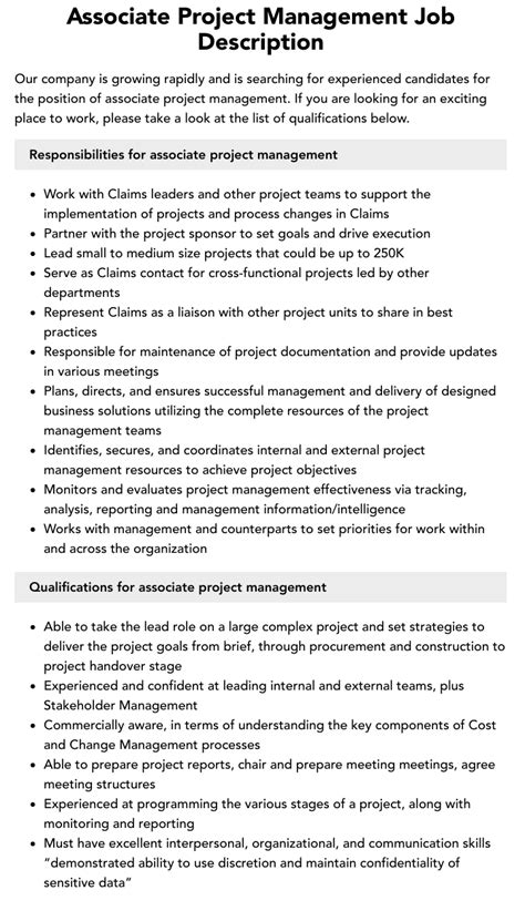 Associate Project Management Job Description Velvet Jobs
