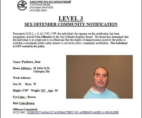 chicopee police announce new level 3 sex offender living