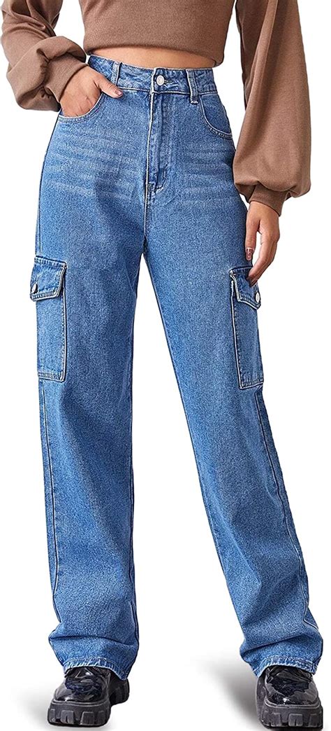 Mumubreal Women S High Waist Baggy Jeans Flap Pocket Side Relaxed Fit