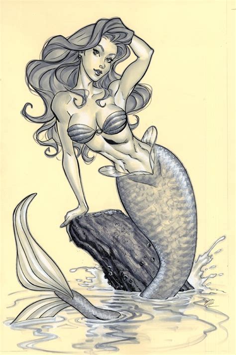 beautiful grey ink mermaid posing near the rock tattoo design tattooimages