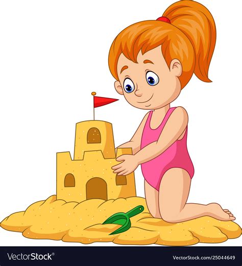 cartoon happy girl making sand castle royalty  vector
