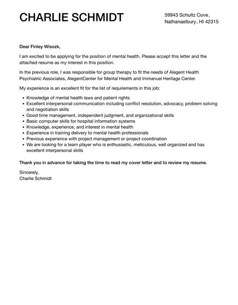 mental health cover letter examples