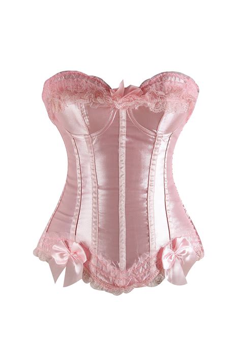 naughty pink satin corset with matching bows and ruffle