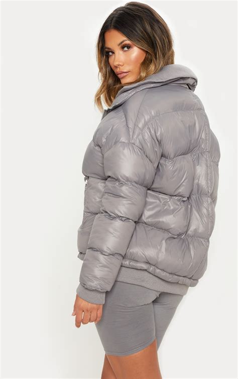 grey oversized puffer jacket  zip pockets prettylittlething