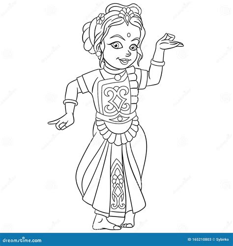 coloring page  indian dancing girl stock vector illustration