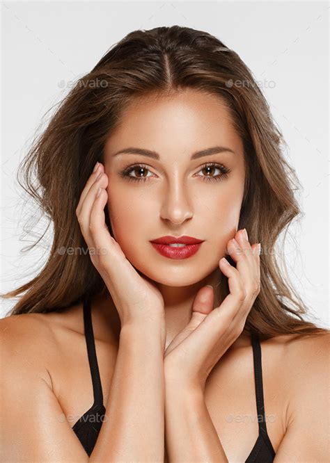 Beauty Woman Long Hair Red Lips Clean Healthy Skin Tanned Skin Stock