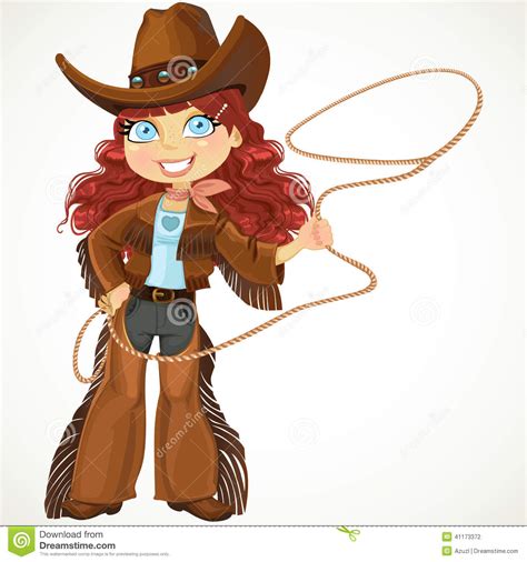 brunette curly hair cowgirl with lasso stock vector image 41173372