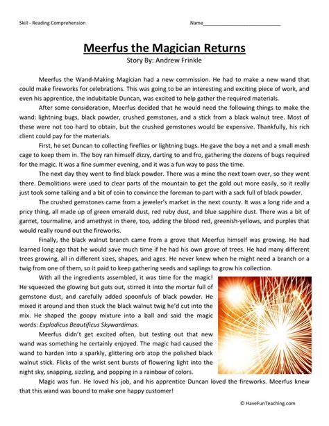 reading comprehension worksheet meerfus  magician returns